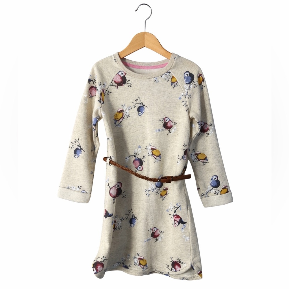 H&M Girls Bird Print Sweatshirt Dress 2-4Y Cream Belted Cozy Cottagecore Cute